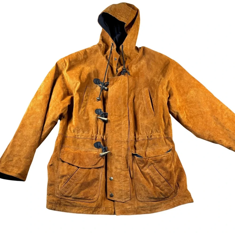 VTG Wilsons Leather Parka Jacket Mens L Brown Suede Toggle Hooded Heavyweight